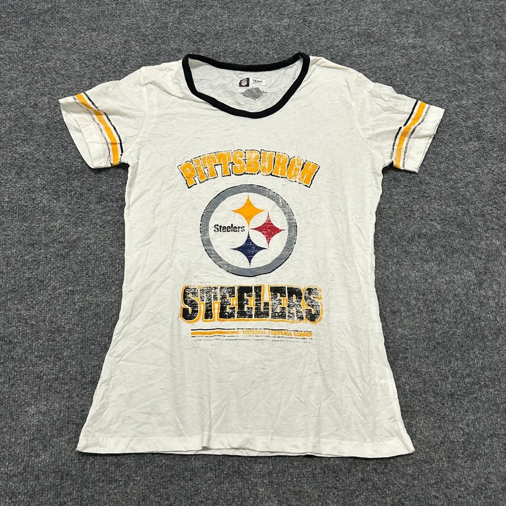 NFL Team Apparel T-Shirt Womens Size L White Steelers Ringer Distressed Logo